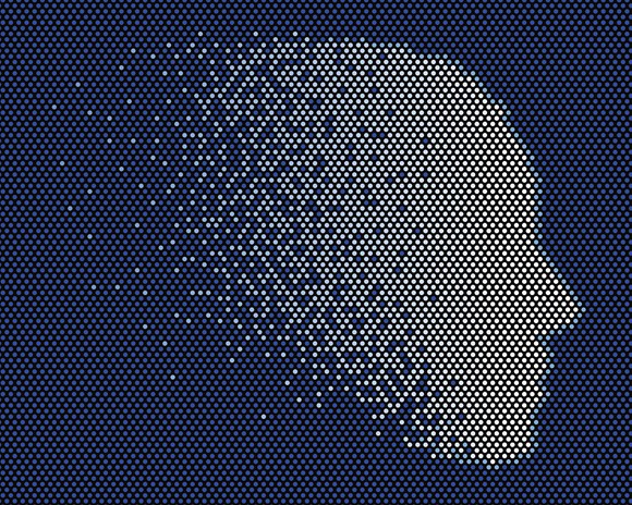 A pixelated silhouette of a human head.