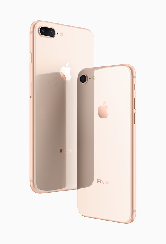 Apple's iPhone 8 and iPhone 8 Plus in gold.