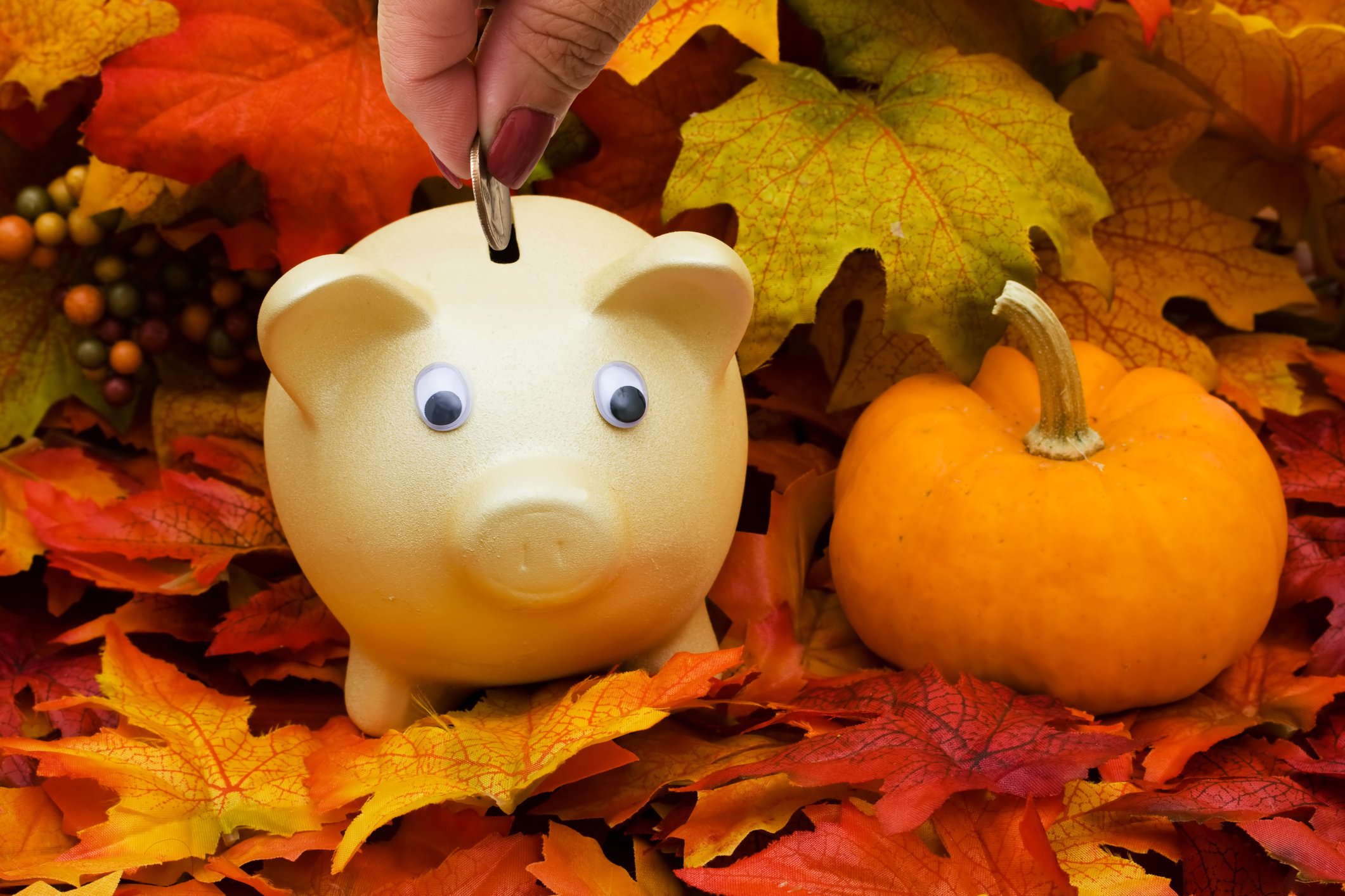 Piggy bank on top of brown leaves and pumpkin