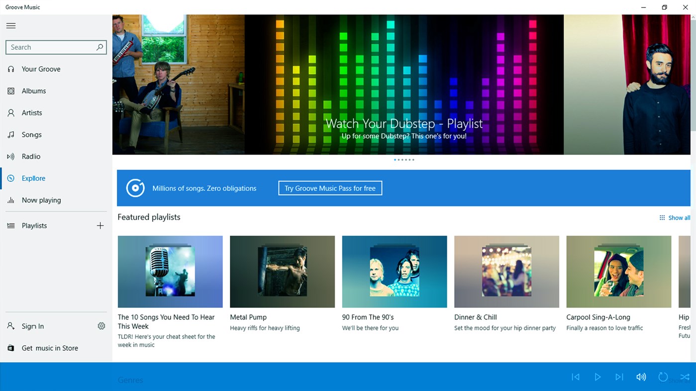 Interface of Groove Music app