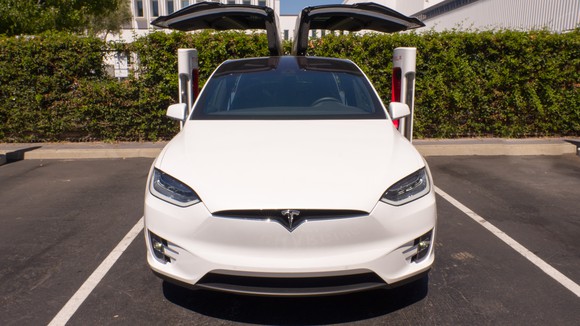 Model X with falcon wing doors open
