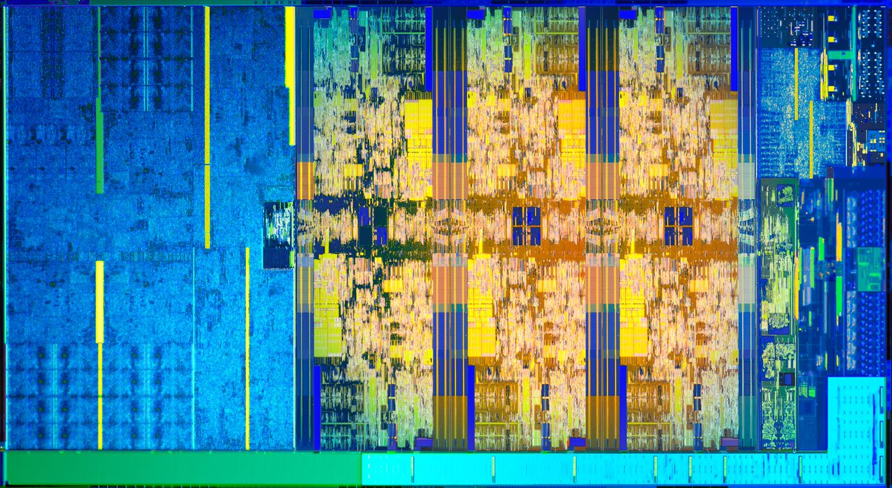 A die map of Intel's Coffee Lake processor showing six processor cores and a graphics processor embedded in a single chip. 
