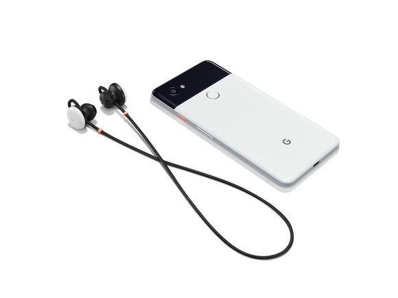 Pixel Buds next to Pixel 2 smartphone