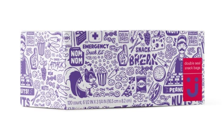 Box with snacks with wild cartoonish drawings and sayings like "nom nom" and "emergency snack kit".