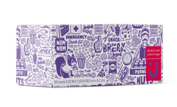 Box with snacks with wild cartoonish drawings and sayings like "nom nom" and "emergency snack kit".