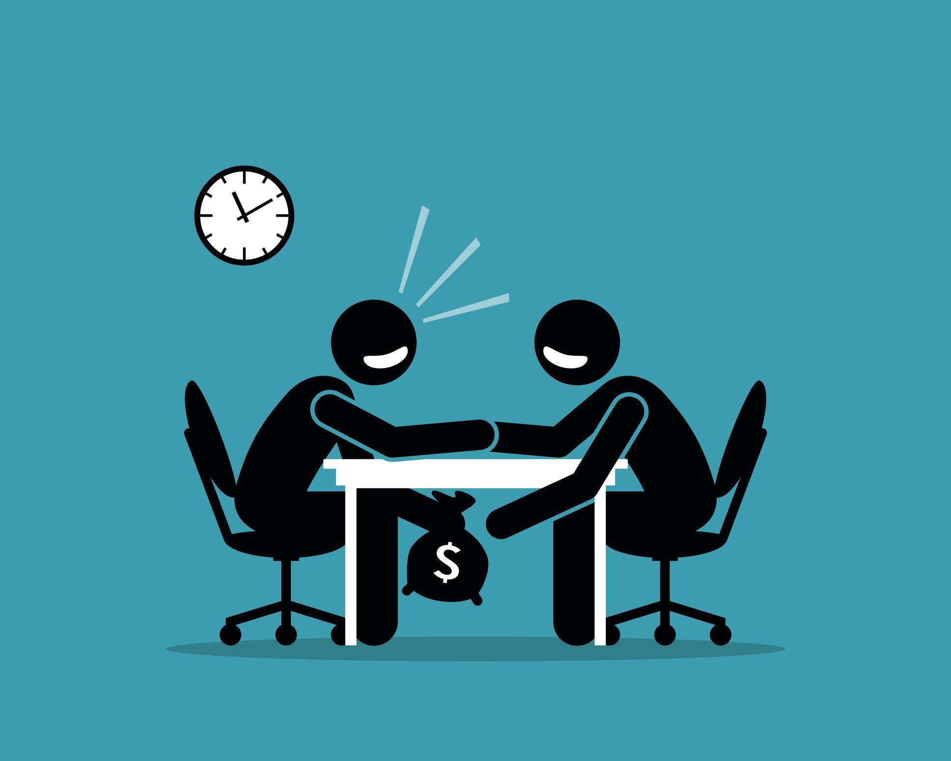 Cartoon of individuals shaking hands at a table while passing money under the table