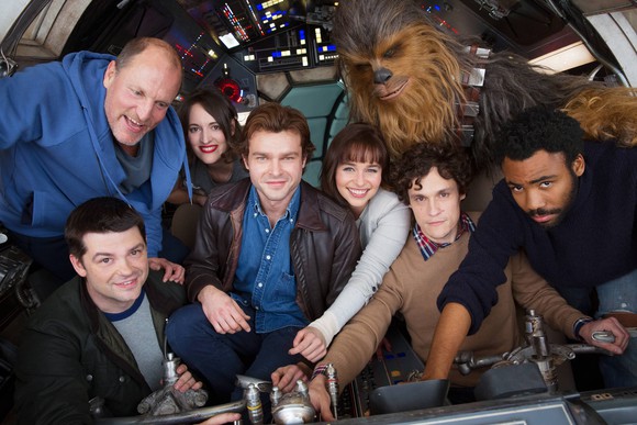 Cast of Han Solo on Millennium Falcon set.