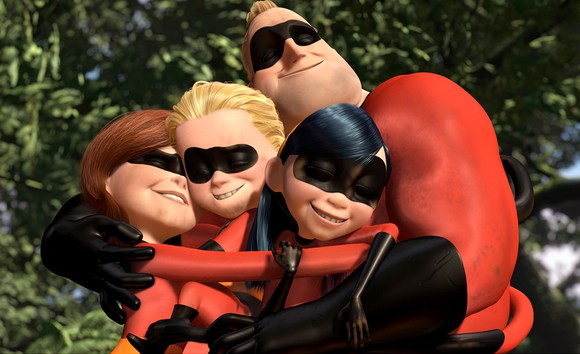 The Incredibles family hugging.