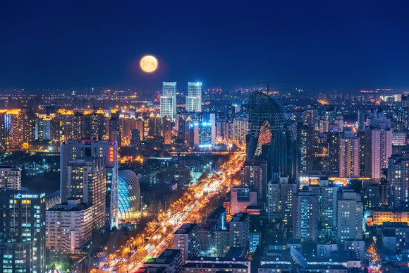 Beijing China cityscape at night.
