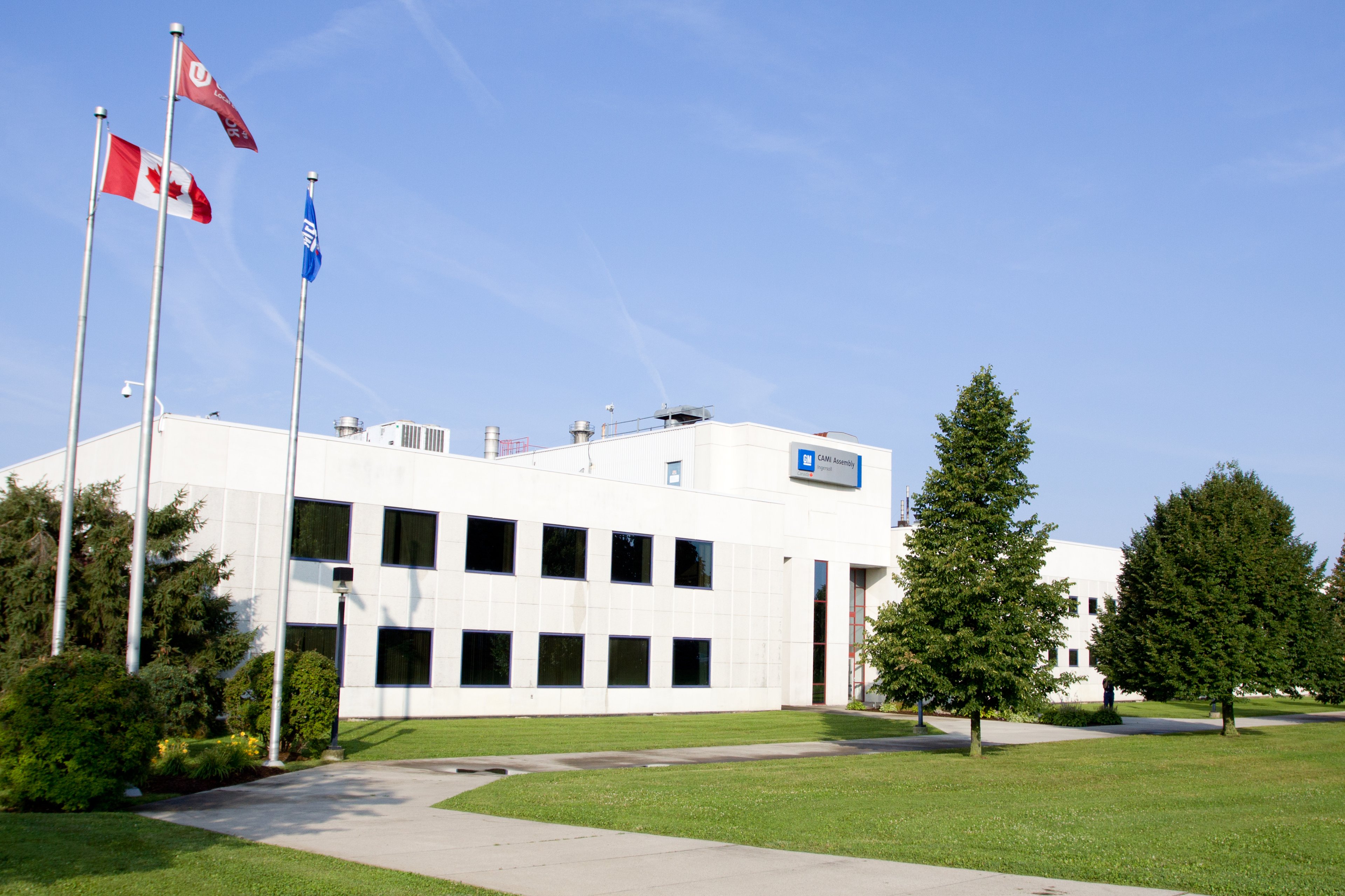A view of the front lawn and entrance of General Motors CAMI Assembly Plant in Ingersoll, Ontario, Canada.