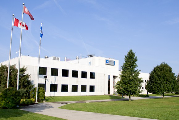 A view of the front lawn and entrance of General Motors CAMI Assembly Plant in Ingersoll, Ontario, Canada.