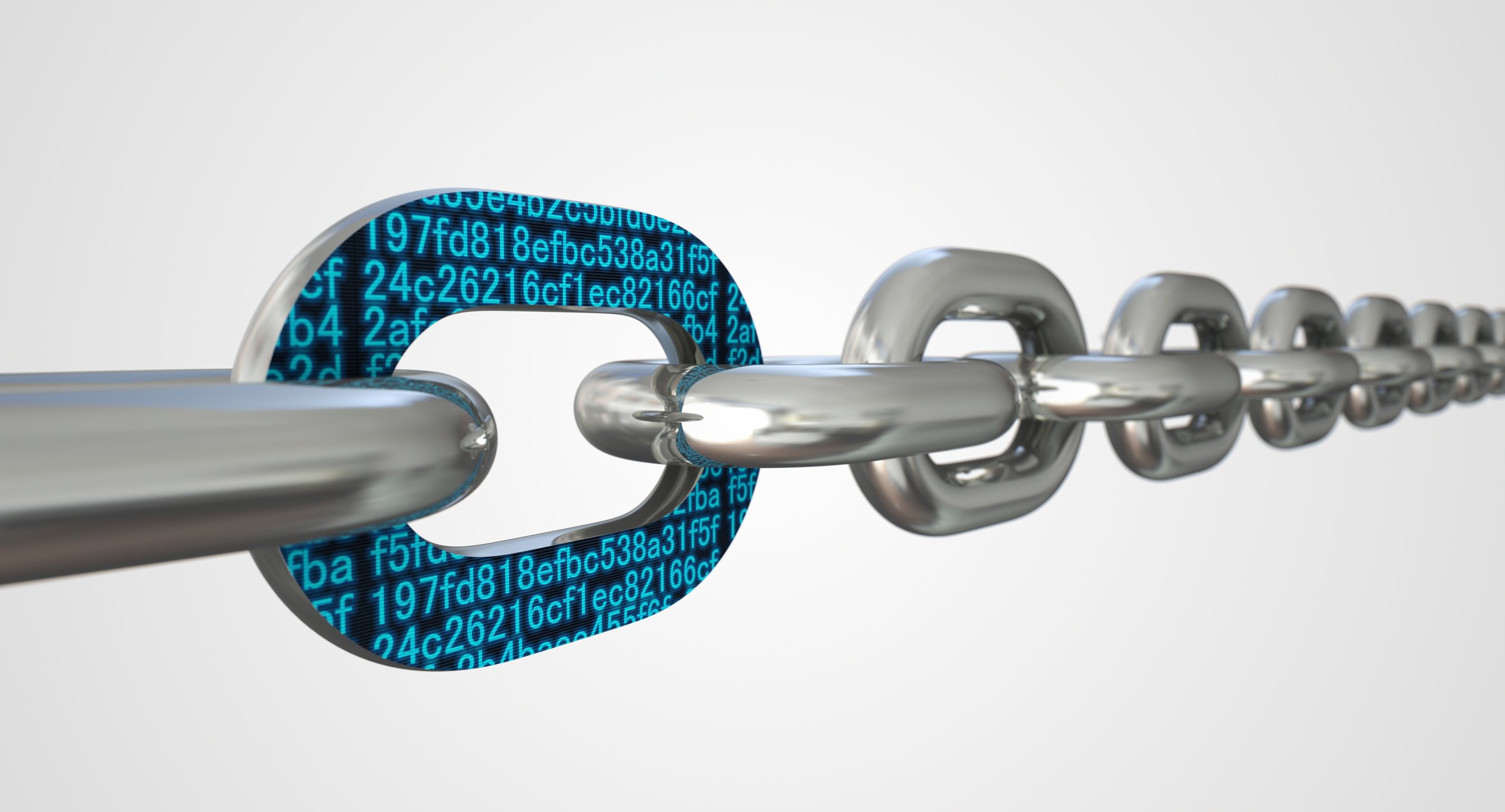 A metal chain with one flattened link displaying digital address codes