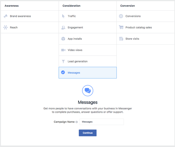 Dropdown box allows marketers to choose "Messages" as the primary purpose for their advertisement.
