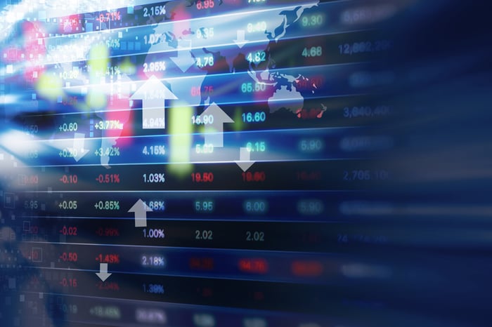 Digital screen of stock tickers with up and down arrows