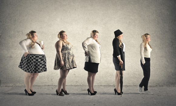 The same woman standing in a line transforming from obese to normal weight