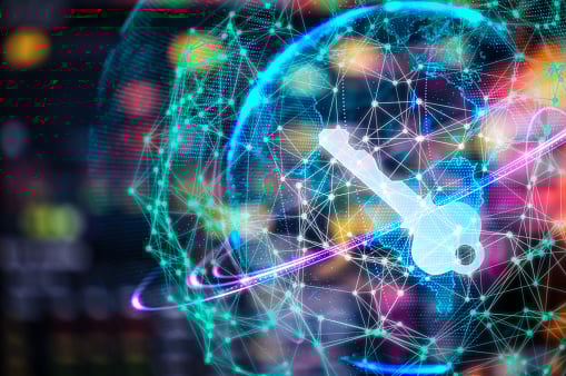 Close-up digital picture of a small globe and a glowing key inside.