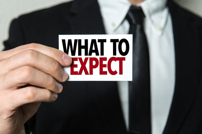 A man in a business suit holding a sheet of paper that says "What to Expect."