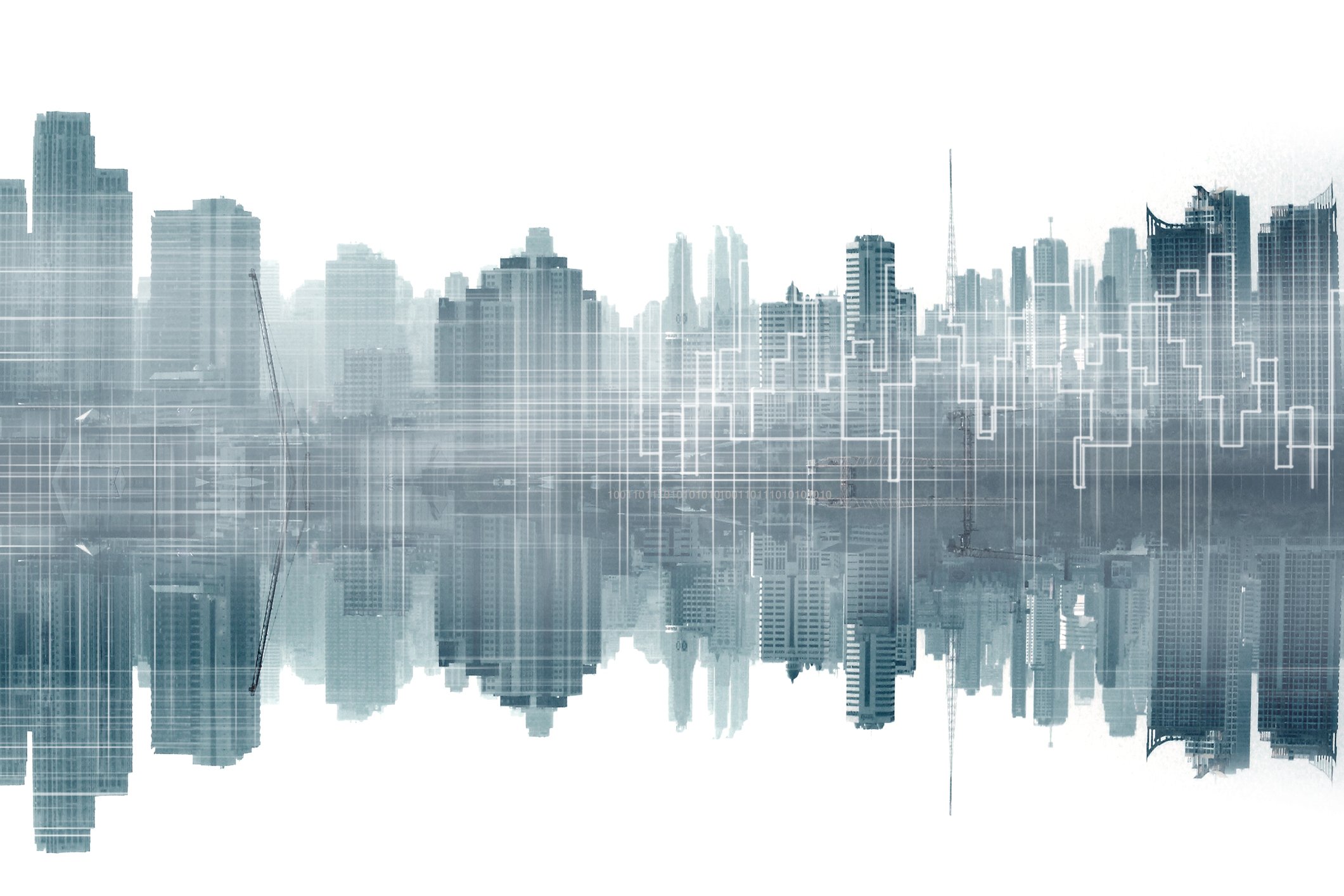 Outline of a city, reflected on to water.