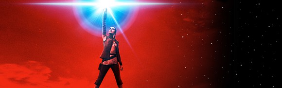 poster of Star Wars heroine Rey with arm raised holding a light saber against a red background