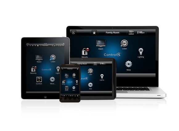 Control 4 software running on a laptop, a smartphone, and two tablets.