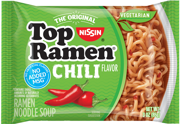 Package of Nissin Foods "Top Ramen" Chili flavor with "Vegetarian" and "No Added MSG" labels.