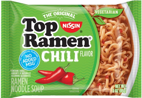 Package of Nissin Foods "Top Ramen" Chili flavor with "Vegetarian" and "No Added MSG" labels.