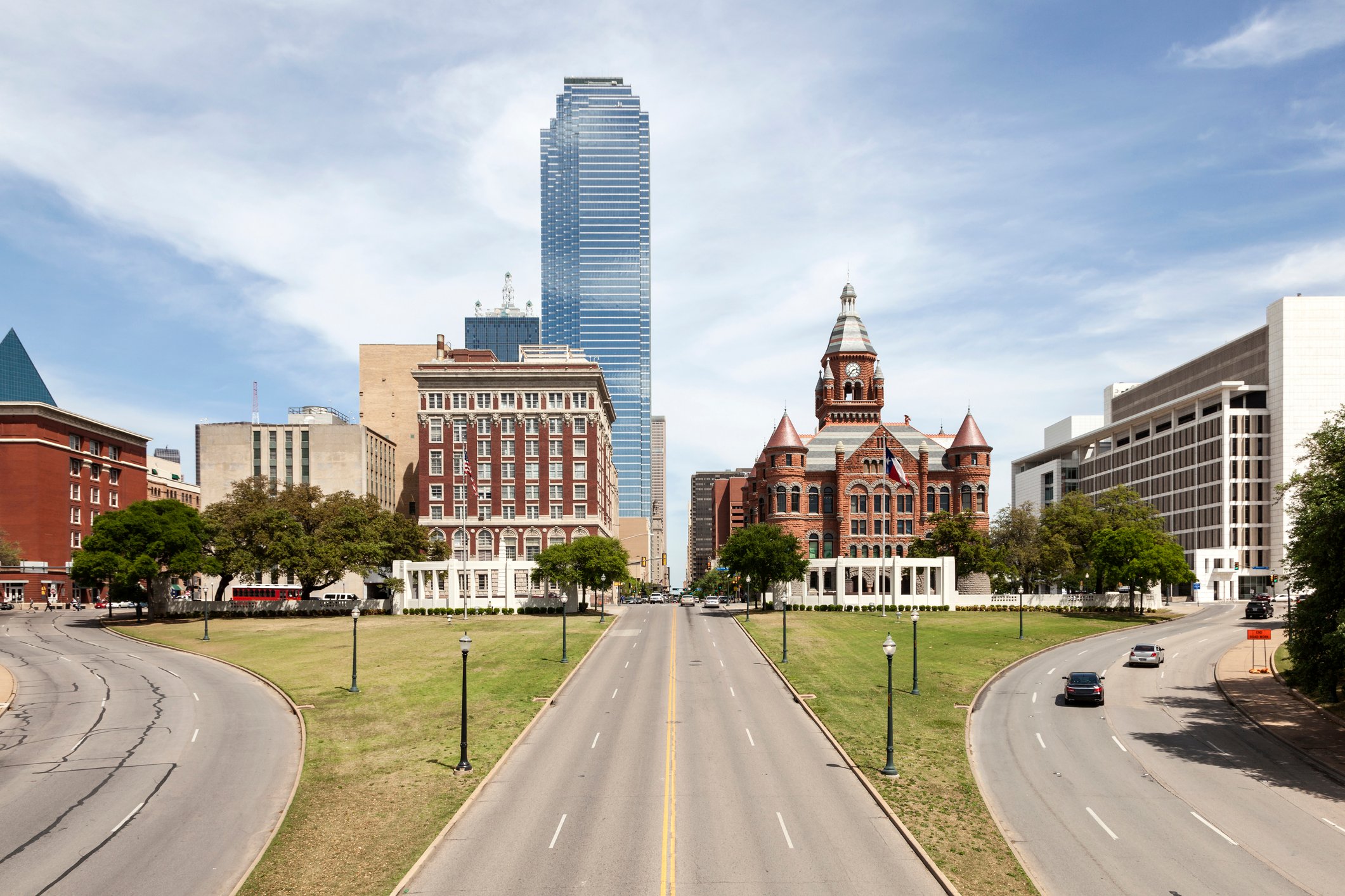The Bank of America building in Dallas, Texas, towers over Dealey Plaza.