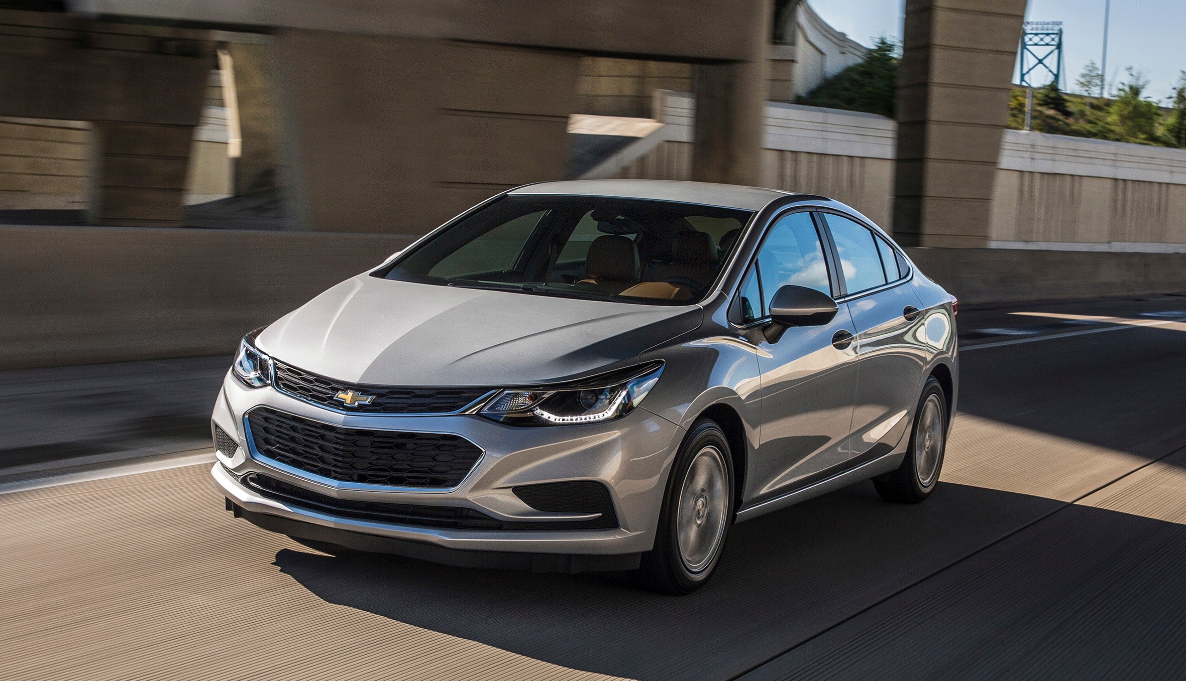 A silver 2017 Chevrolet Cruze compact sedan.
