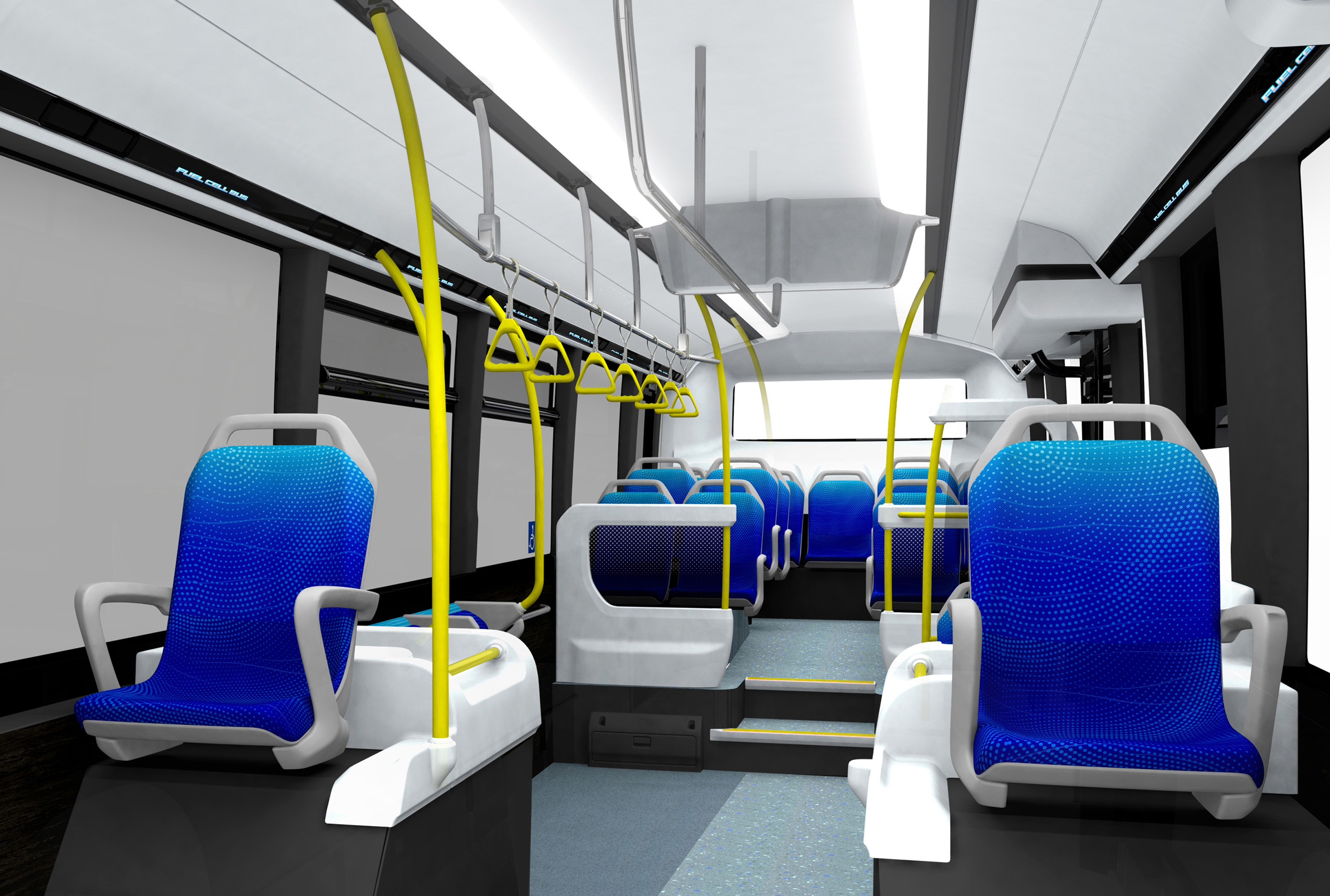A view of the Sora's interior, showing simple blue seats with yellow grab rails. 