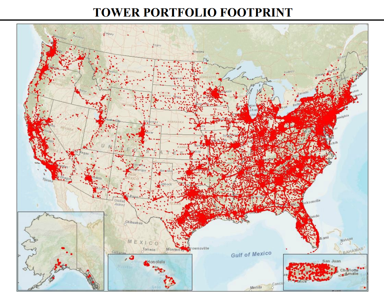 Map of North America showing Crown Castle's tower footprint, with heavy concentrations around the coasts and other major population centers.