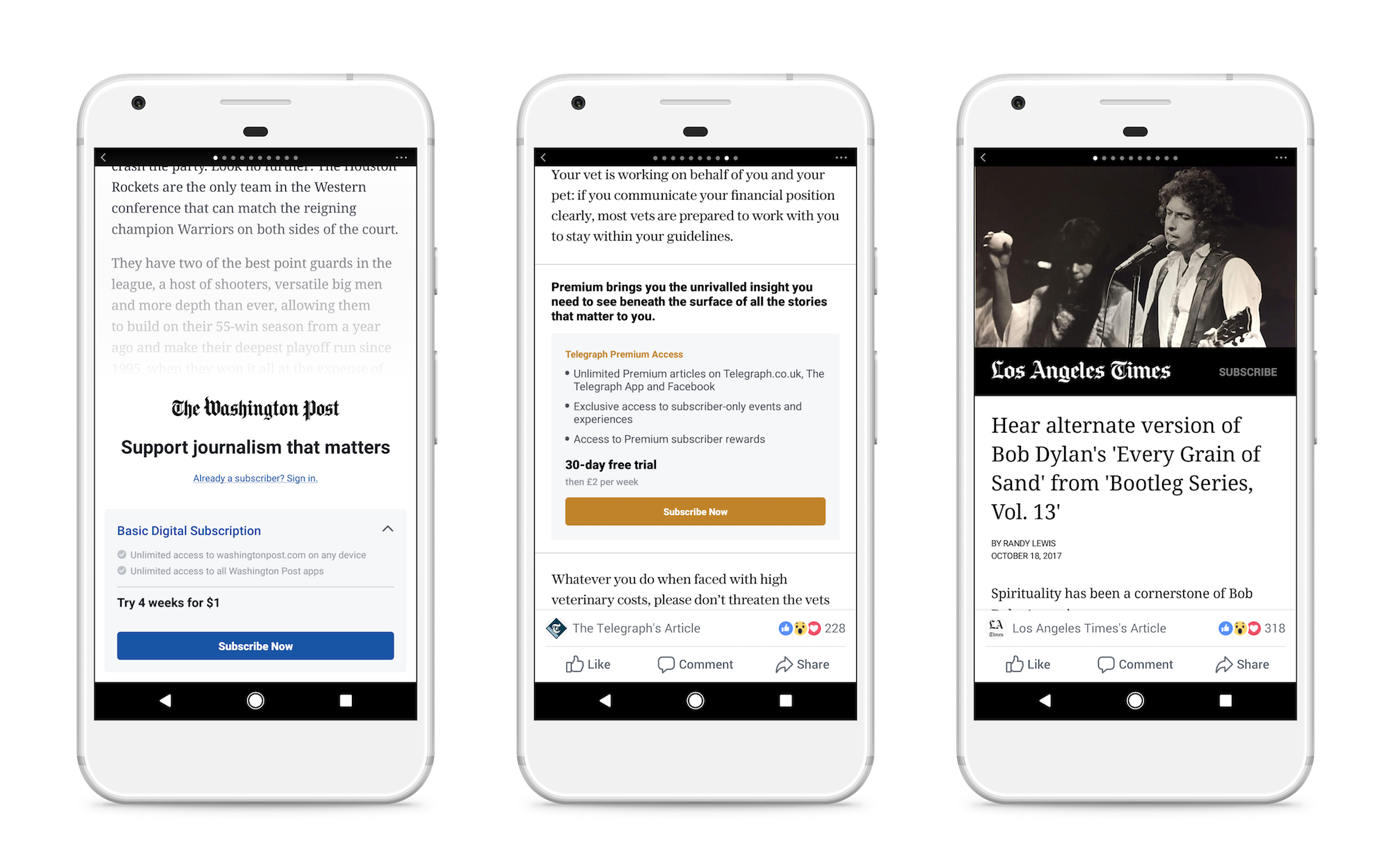 Examples of paywall Instant Articles in Facebook's Android app