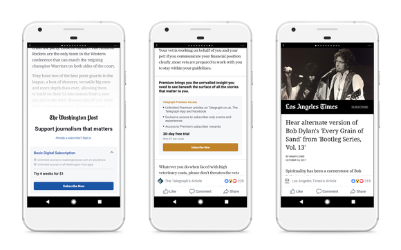 Examples of paywall Instant Articles in Facebook's Android app