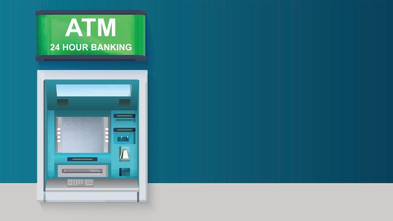 ATM on blue background, with green sign on top which reads "ATM / 24 Hour Banking." 
