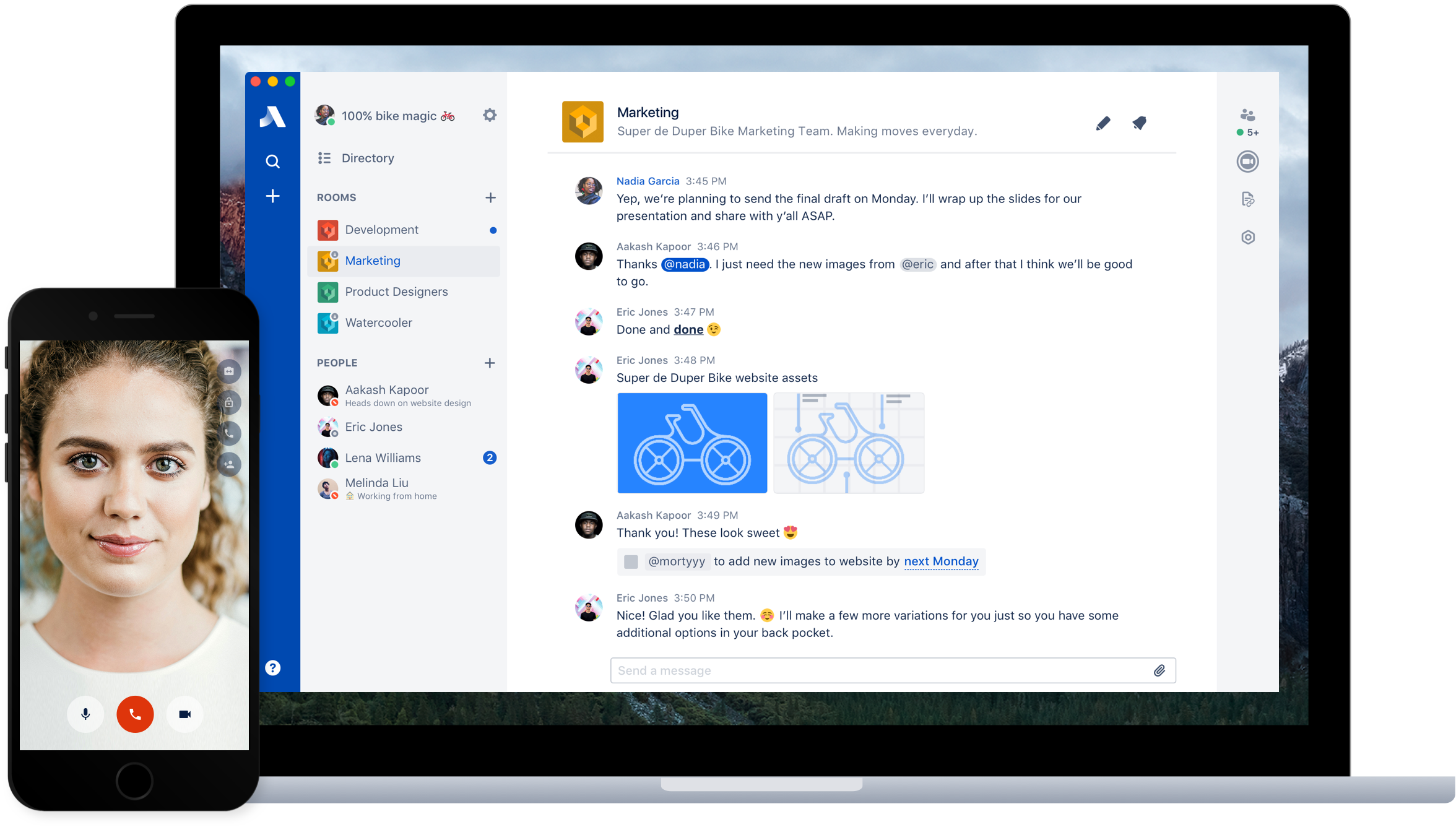 Atlassian's Stride app running on a smartphone and laptop.