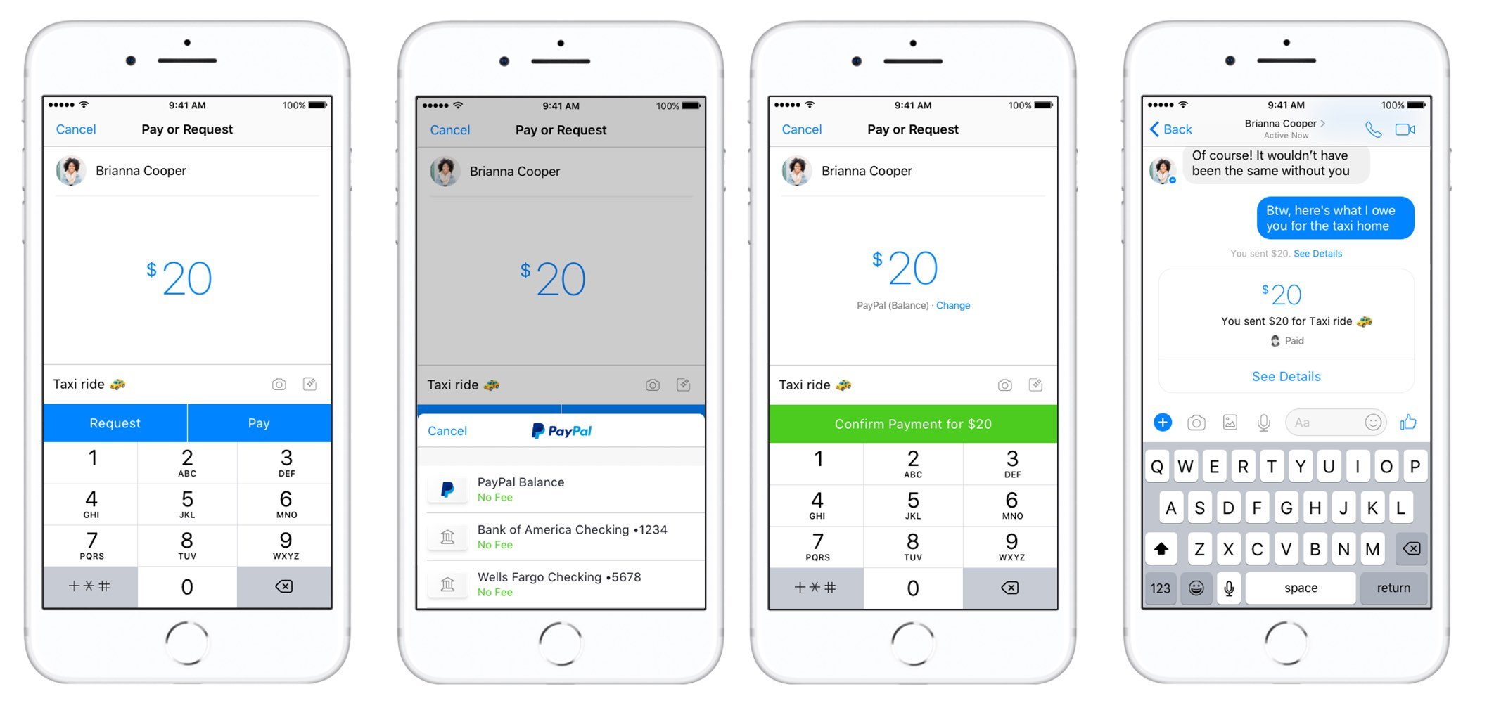 Interface examples of sending money using PayPal through Messenger