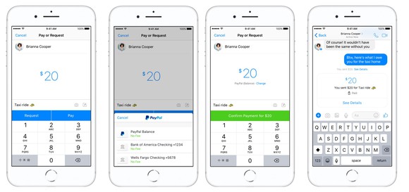 Interface examples of sending money using PayPal through Messenger