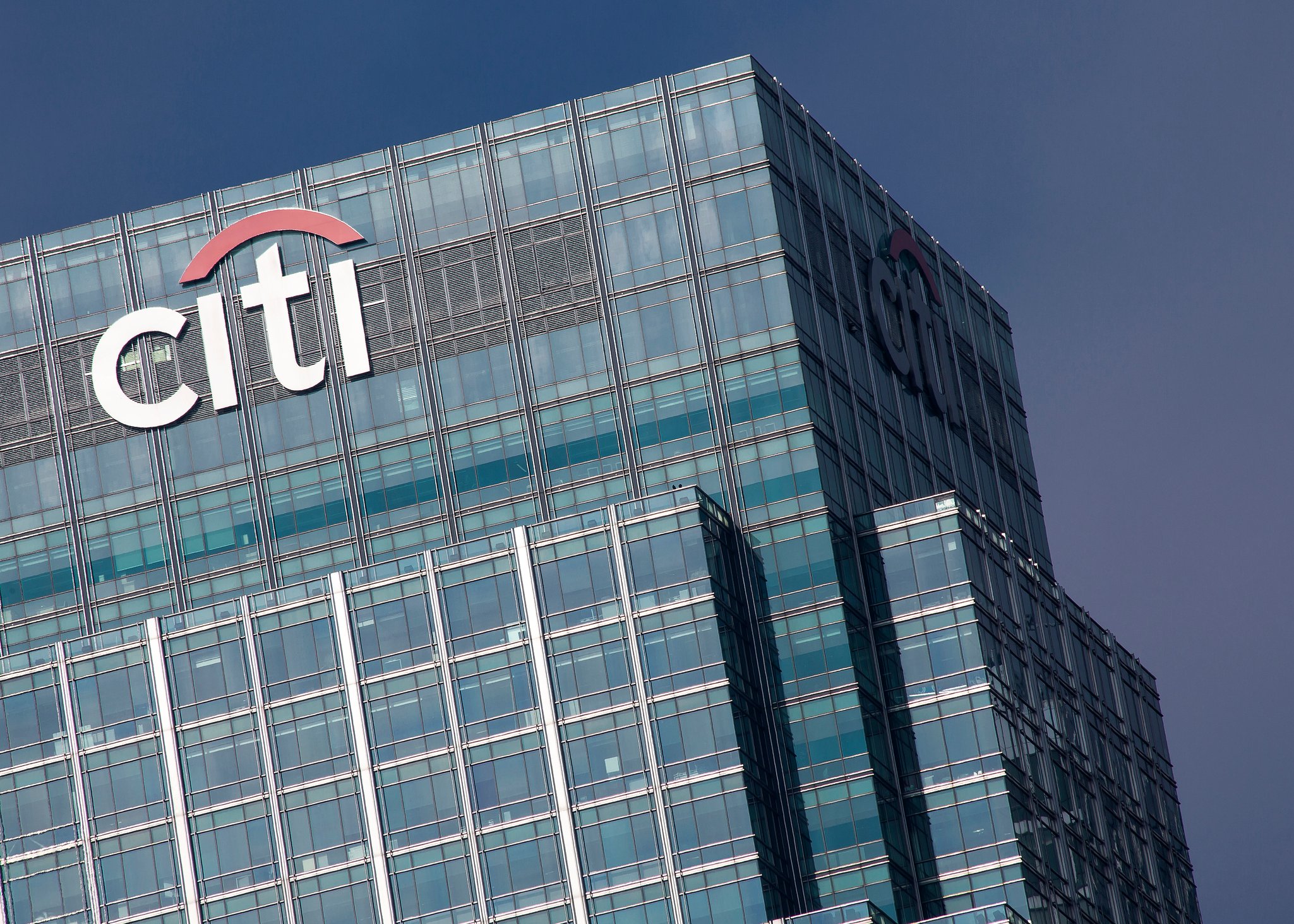 The top of the Citigroup building in London's Canary Wharf.