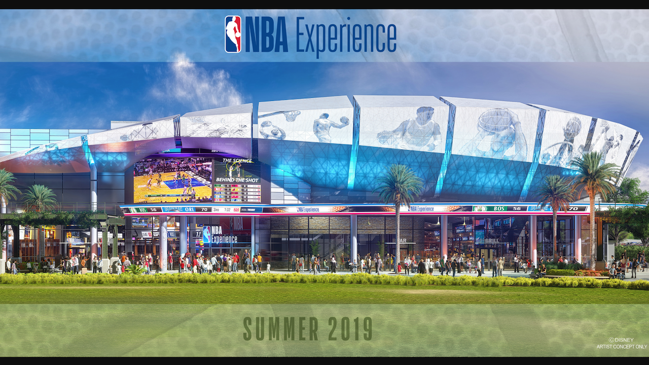 Concept art of the exterior of The NBA Experience, an arena-like building that will open in the summer of 2019.