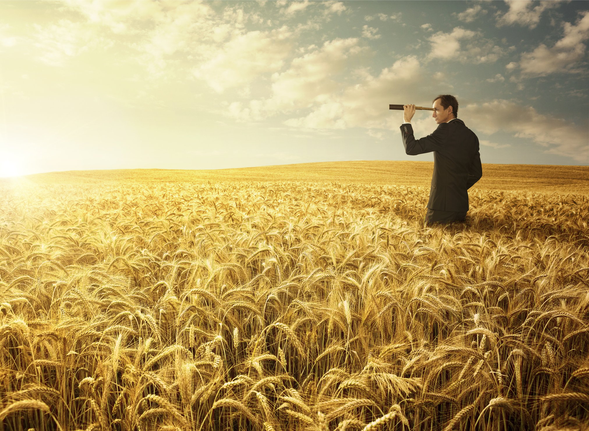 Standing in a field of wheat, a man in a black suit looks through a telescope toward the horizon.
