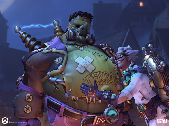 Two Overwatch characters made up as Frankenstein and a scientist.