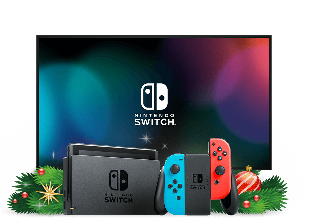 A Nintendo Switch console and controller in front of a television and some holiday decorations.