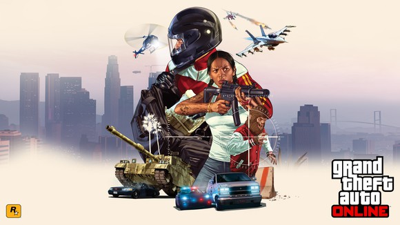Game art for Grand Theft Auto Online depicting a city skyline with a graphic of in-game characters, vehicles, a helicopter, and fighter jet in the foreground. 