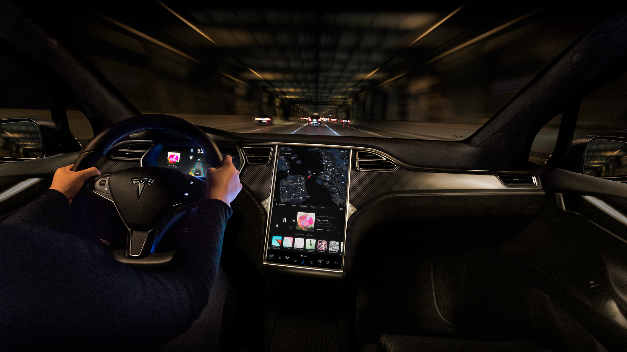 Tesla Model X interior with Autopilot activated.