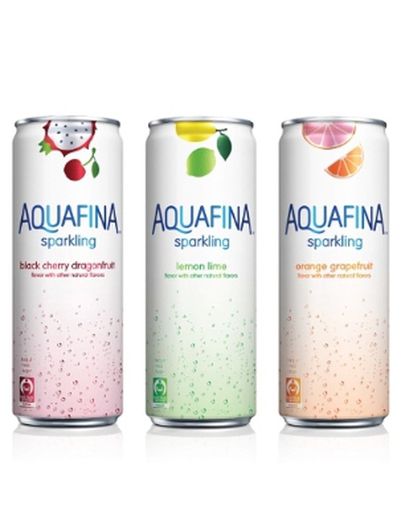 Three cans of Aquafina sparkling water.