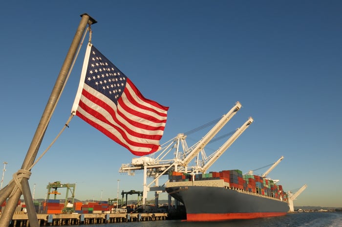 American flag at a port.