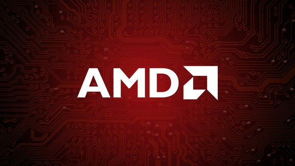 The AMD logo on a red background.