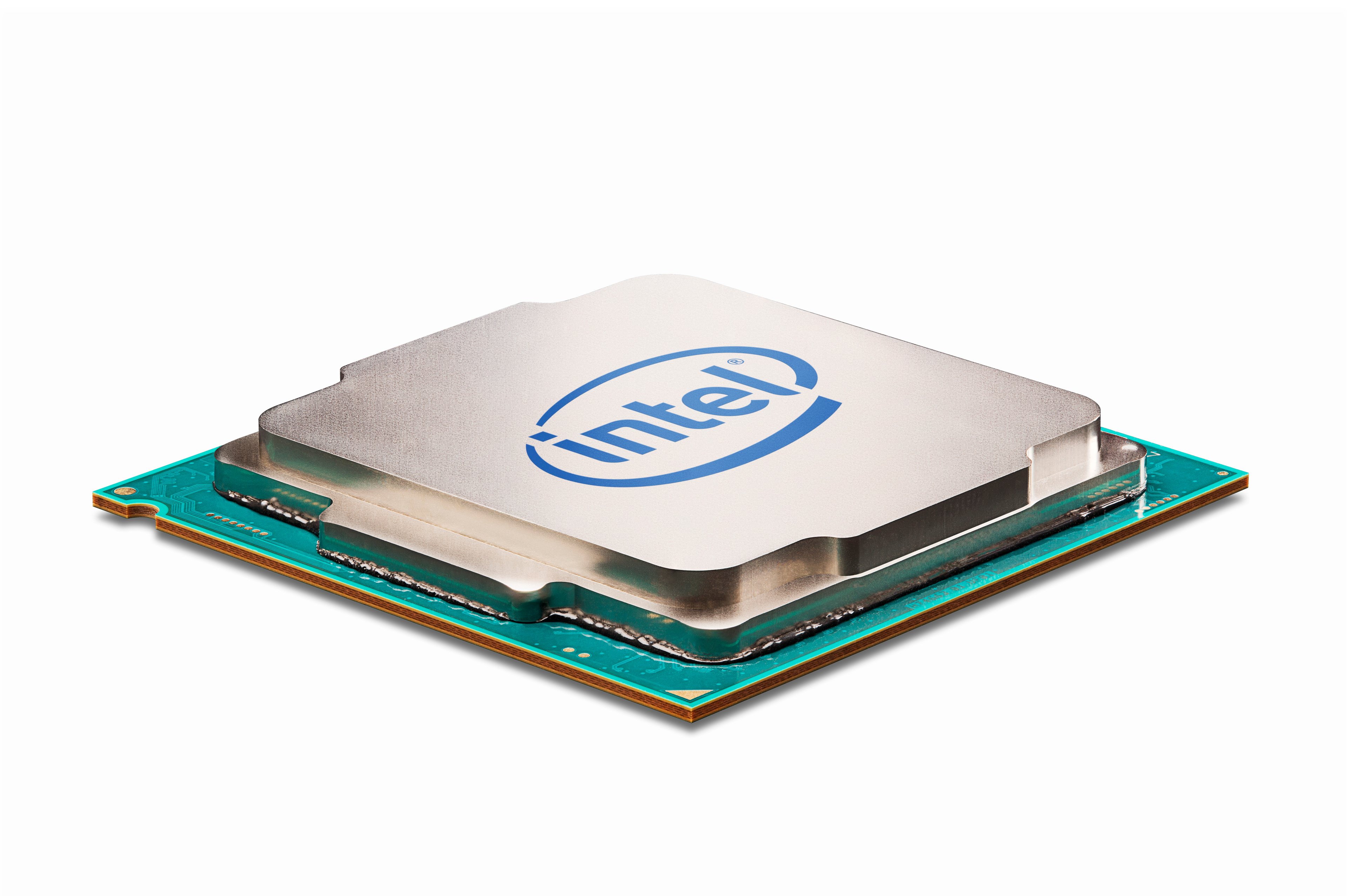 An Intel chip against a white background.