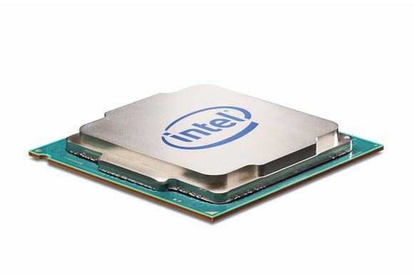 An Intel chip against a white background.