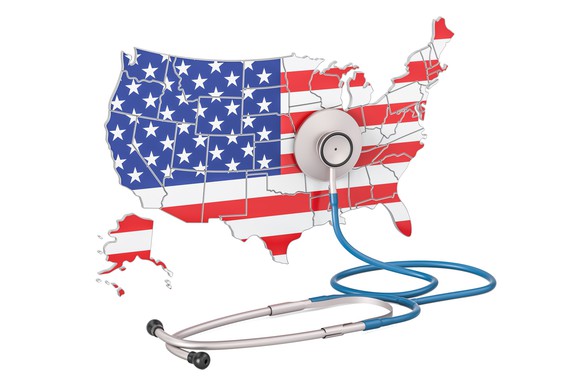 U.S. map, with the U.S. flag's color scheme of red, white, and blue, overlaid, with a stethoscope.