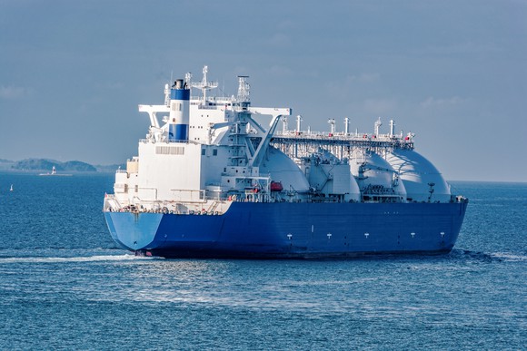 A liquified natural gas tanker at sea.